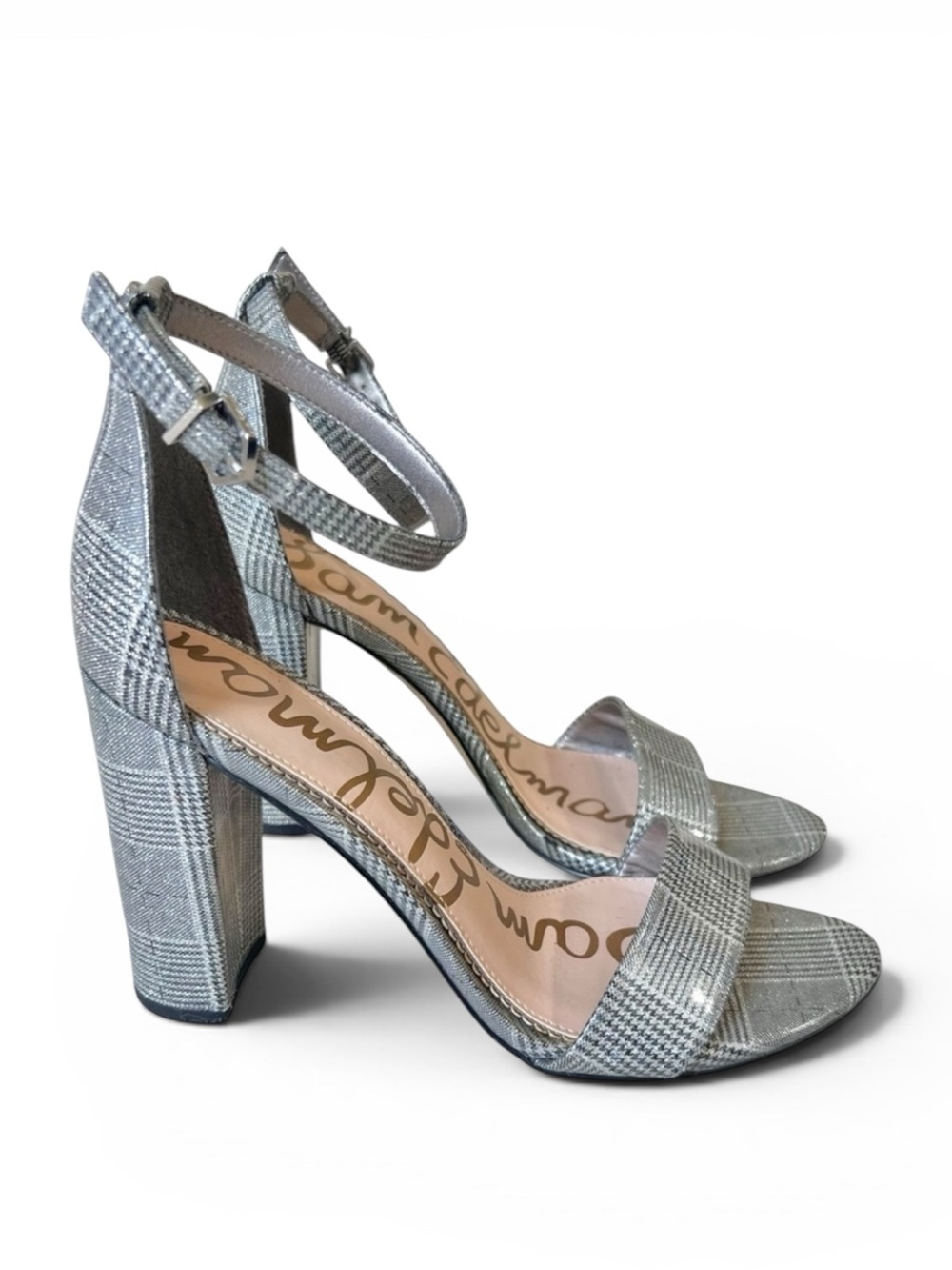 Sam Edelman Yaro Pewter Plaid Houndstooth Sandals Heels